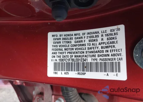 2020 Honda Civic Ex-L z USA, uszkodzony, nr VIN 19XFC1F78LE012341